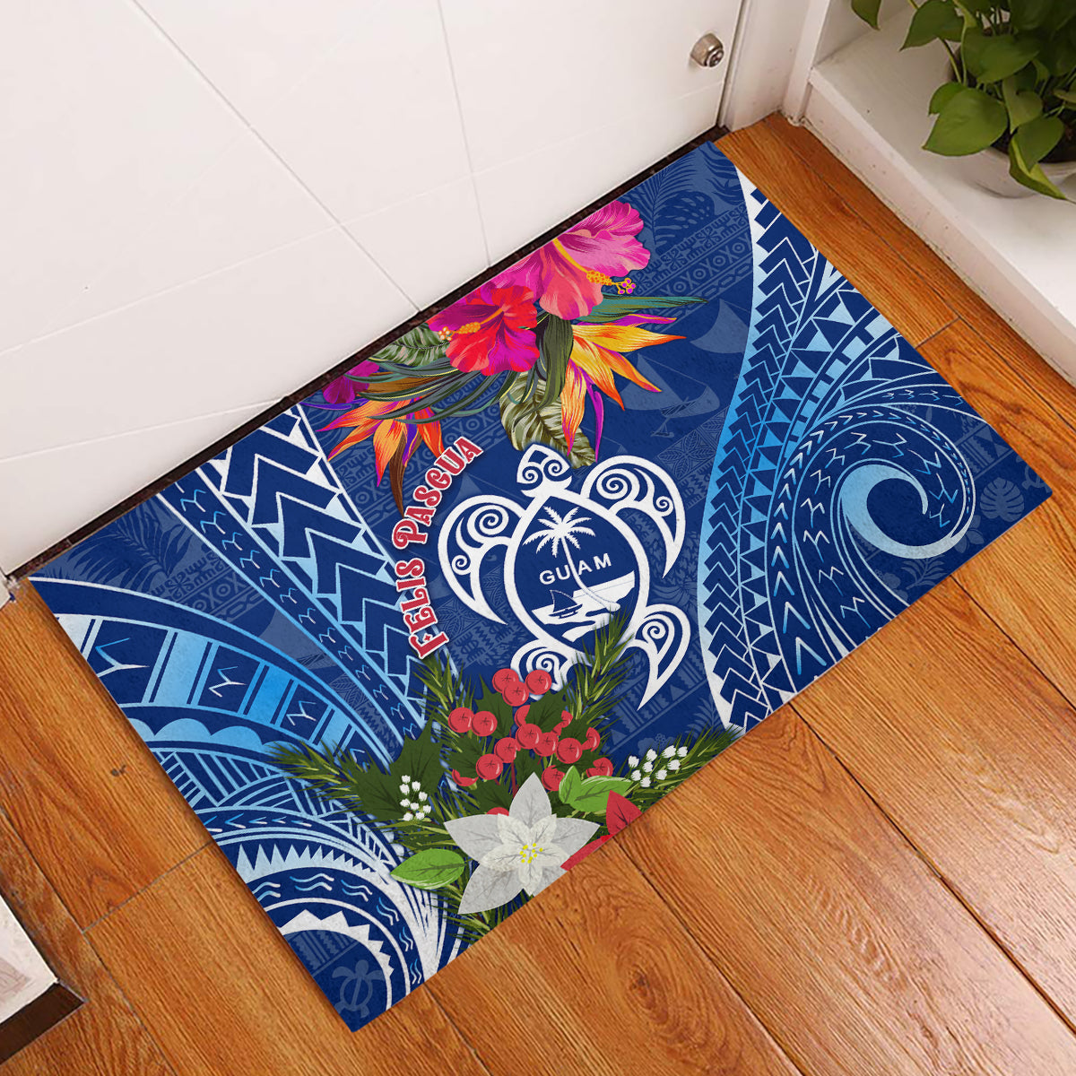 Guam Christmas Rubber Doormat Turtle Mix Tapa Felis Pasgua LT7 Blue - Polynesian Pride