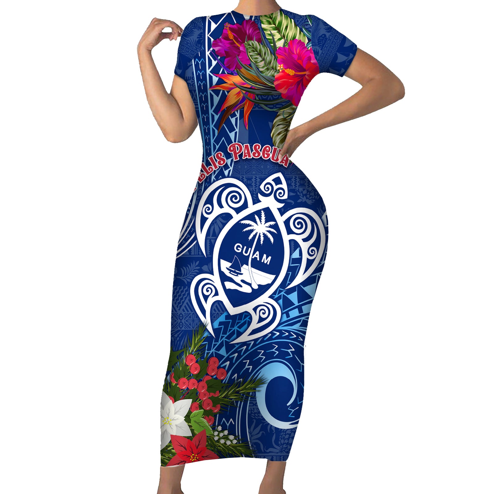 Guam Christmas Short Sleeve Bodycon Dress Turtle Mix Tapa Felis Pasgua LT7 Long Dress Blue - Polynesian Pride