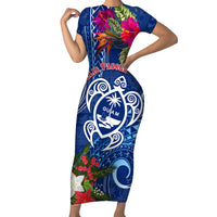 Guam Christmas Short Sleeve Bodycon Dress Turtle Mix Tapa Felis Pasgua LT7 Long Dress Blue - Polynesian Pride