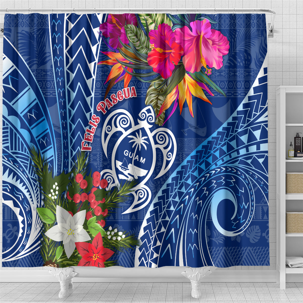 Guam Christmas Shower Curtain Turtle Mix Tapa Felis Pasgua LT7 - Polynesian Pride