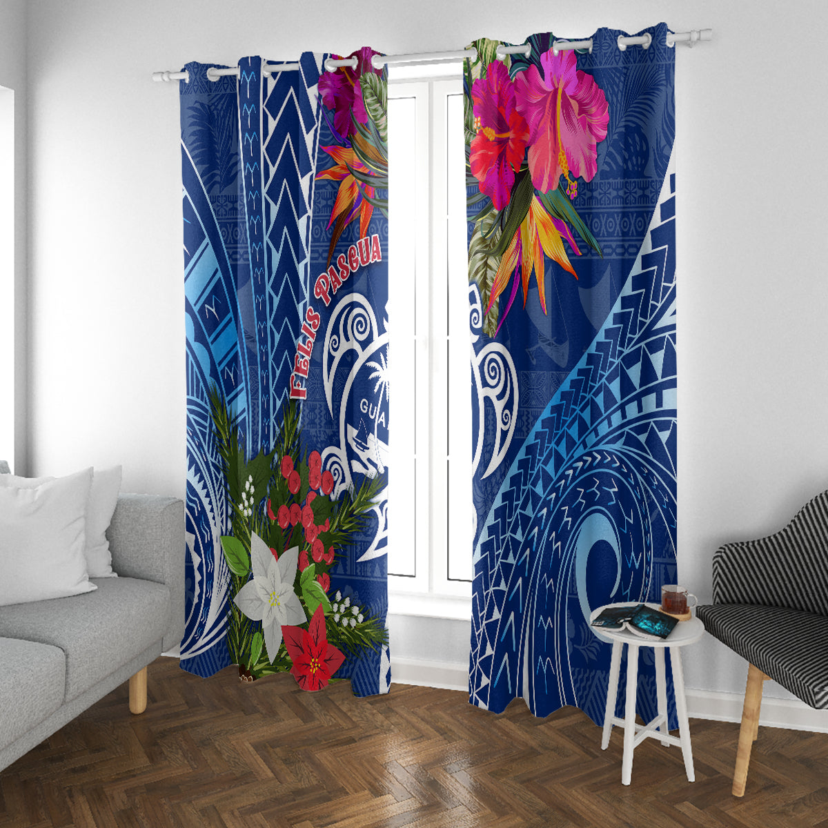 Guam Christmas Window Curtain Turtle Mix Tapa Felis Pasgua LT7 With Grommets Blue - Polynesian Pride