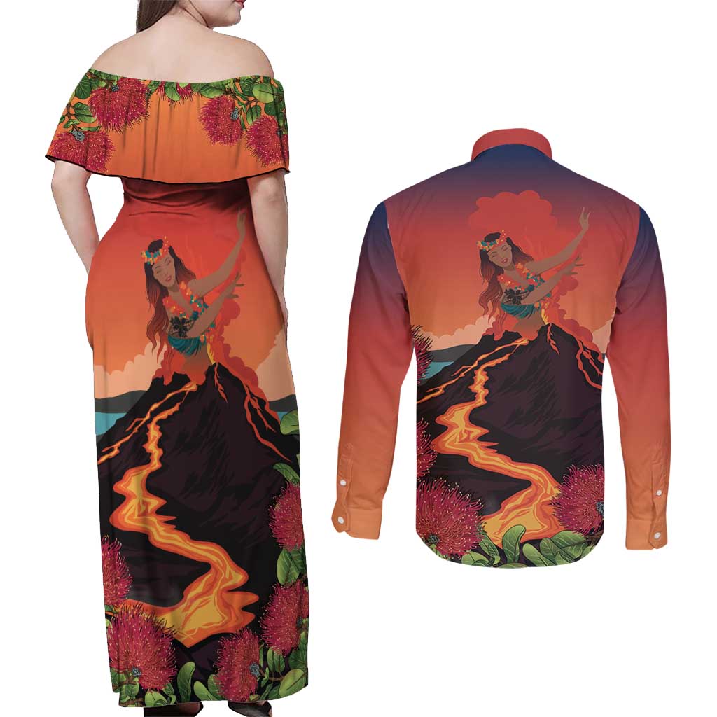 Hawaii Kilauea Volcano Couples Matching Off Shoulder Maxi Dress and Long Sleeve Button Shirt Pele Goddess