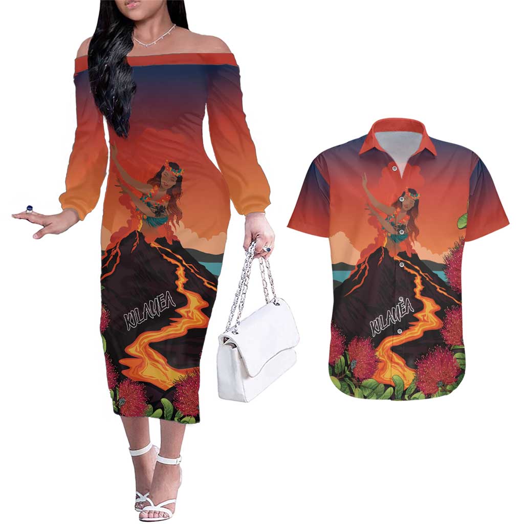 Hawaii Kilauea Volcano Couples Matching Off The Shoulder Long Sleeve Dress and Hawaiian Shirt Pele Goddess