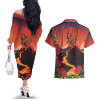 Hawaii Kilauea Volcano Couples Matching Off The Shoulder Long Sleeve Dress and Hawaiian Shirt Pele Goddess