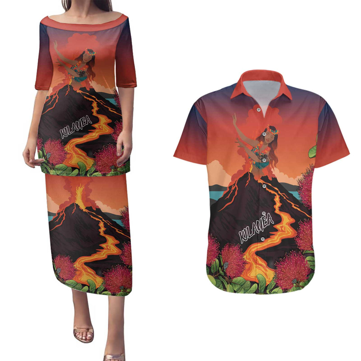 Hawaii Kilauea Volcano Couples Matching Puletasi and Hawaiian Shirt Pele Goddess