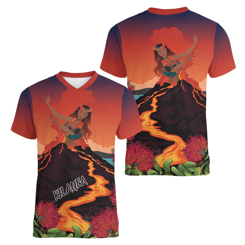 Hawaii Kilauea Volcano Women V-Neck T-Shirt Pele Goddess