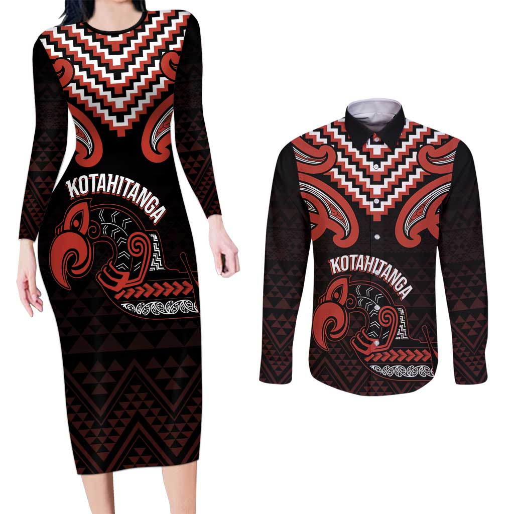 Maori Waitangi Couples Matching Long Sleeve Bodycon Dress and Long Sleeve Button Shirt Kotahitanga Poutama Mix Whakairo - Polynesian Pride