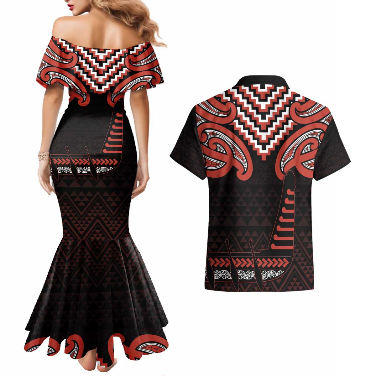Maori Waitangi Couples Matching Mermaid Dress and Hawaiian Shirt Kotahitanga Poutama Mix Whakairo - Polynesian Pride