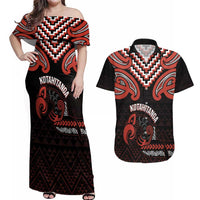 Maori Waitangi Couples Matching Off Shoulder Maxi Dress and Hawaiian Shirt Kotahitanga Poutama Mix Whakairo - Polynesian Pride