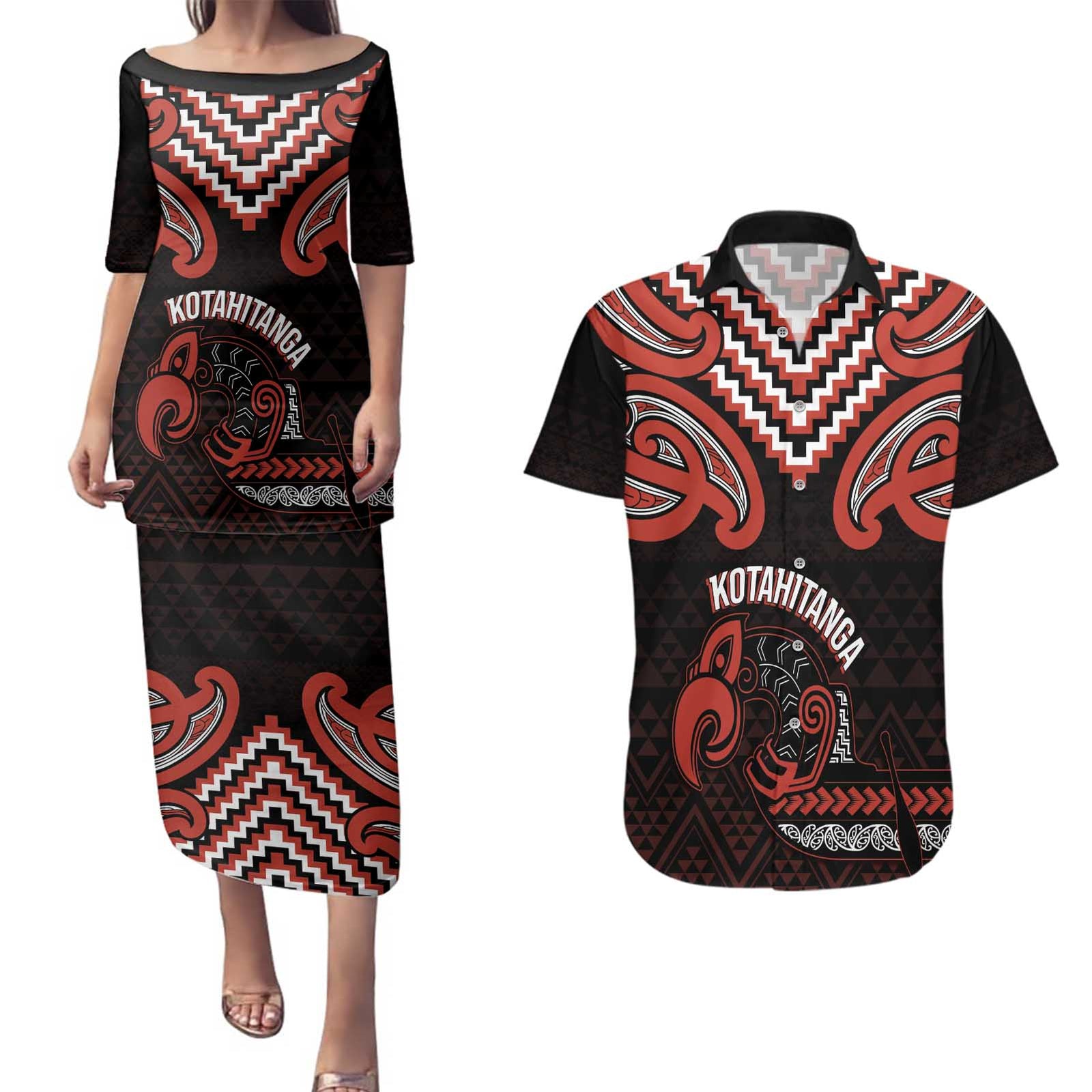Maori Waitangi Couples Matching Puletasi and Hawaiian Shirt Kotahitanga Poutama Mix Whakairo LT7 Black - Polynesian Pride