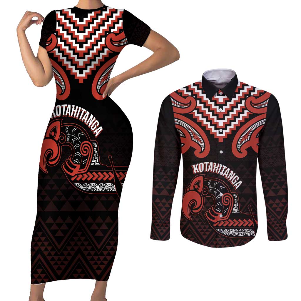 Maori Waitangi Couples Matching Short Sleeve Bodycon Dress and Long Sleeve Button Shirt Kotahitanga Poutama Mix Whakairo - Polynesian Pride