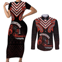 Maori Waitangi Couples Matching Short Sleeve Bodycon Dress and Long Sleeve Button Shirt Kotahitanga Poutama Mix Whakairo - Polynesian Pride