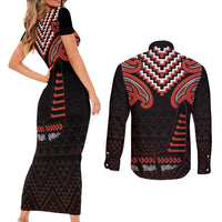Maori Waitangi Couples Matching Short Sleeve Bodycon Dress and Long Sleeve Button Shirt Kotahitanga Poutama Mix Whakairo - Polynesian Pride