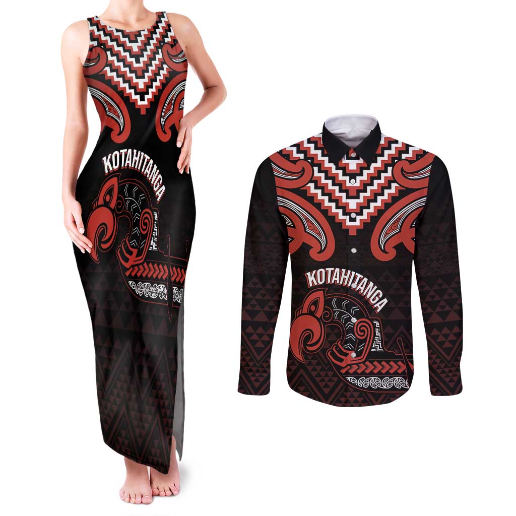 Maori Waitangi Couples Matching Tank Maxi Dress and Long Sleeve Button Shirt Kotahitanga Poutama Mix Whakairo - Polynesian Pride