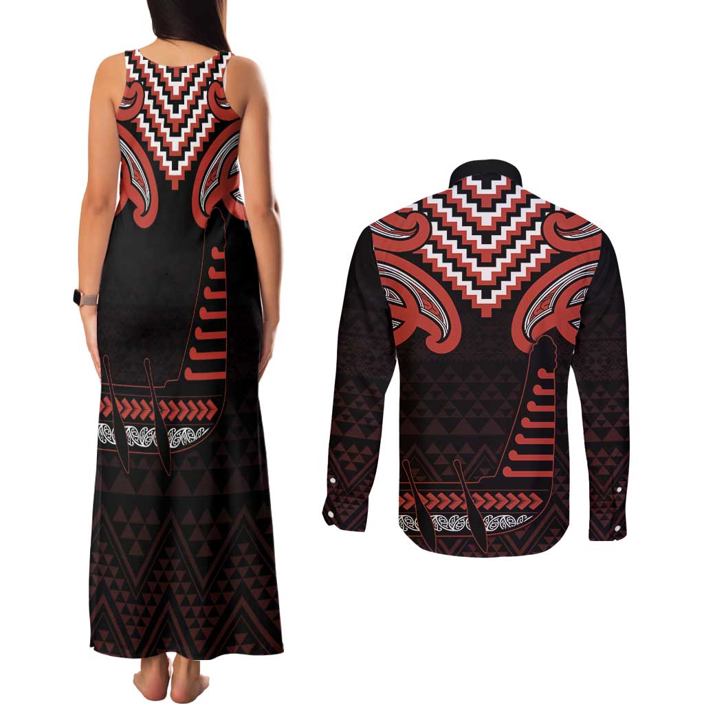 Maori Waitangi Couples Matching Tank Maxi Dress and Long Sleeve Button Shirt Kotahitanga Poutama Mix Whakairo - Polynesian Pride