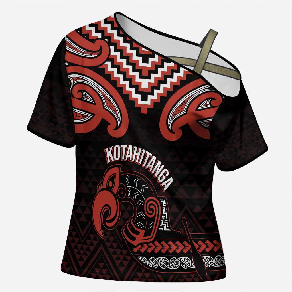 Maori Waitangi Cross Shoulder Shirt Kotahitanga Poutama Mix Whakairo LT7 Female Black - Polynesian Pride