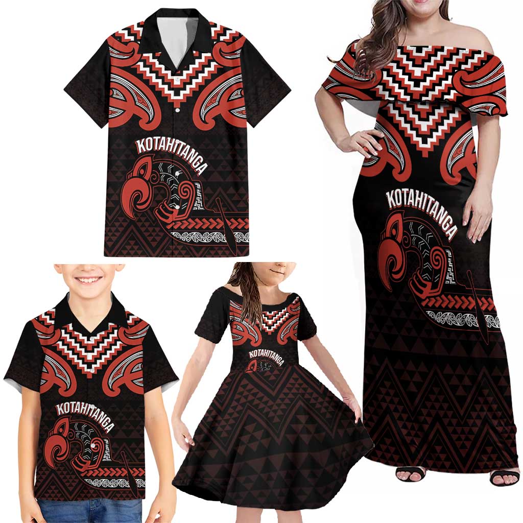 Maori Waitangi Family Matching Off Shoulder Maxi Dress and Hawaiian Shirt Kotahitanga Poutama Mix Whakairo - Polynesian Pride