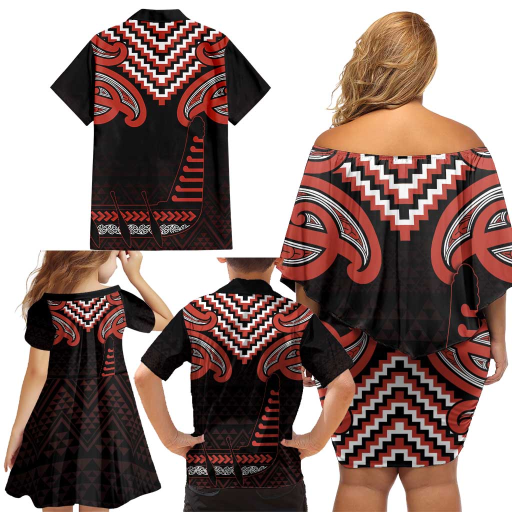 Maori Waitangi Family Matching Off Shoulder Short Dress and Hawaiian Shirt Kotahitanga Poutama Mix Whakairo - Polynesian Pride
