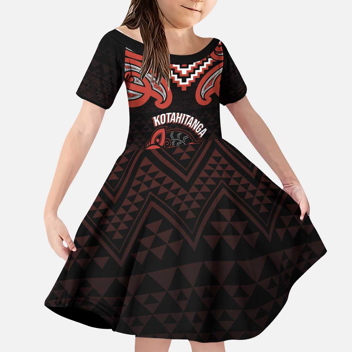 Maori Waitangi Kid Short Sleeve Dress Kotahitanga Poutama Mix Whakairo LT7 KID Black - Polynesian Pride