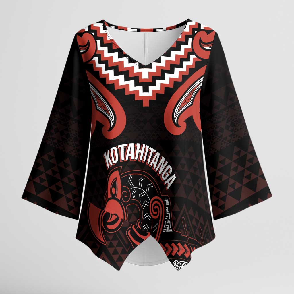 Maori Waitangi Kimono Sleeve Blouse Kotahitanga Poutama Mix Whakairo LT7 Female Black - Polynesian Pride