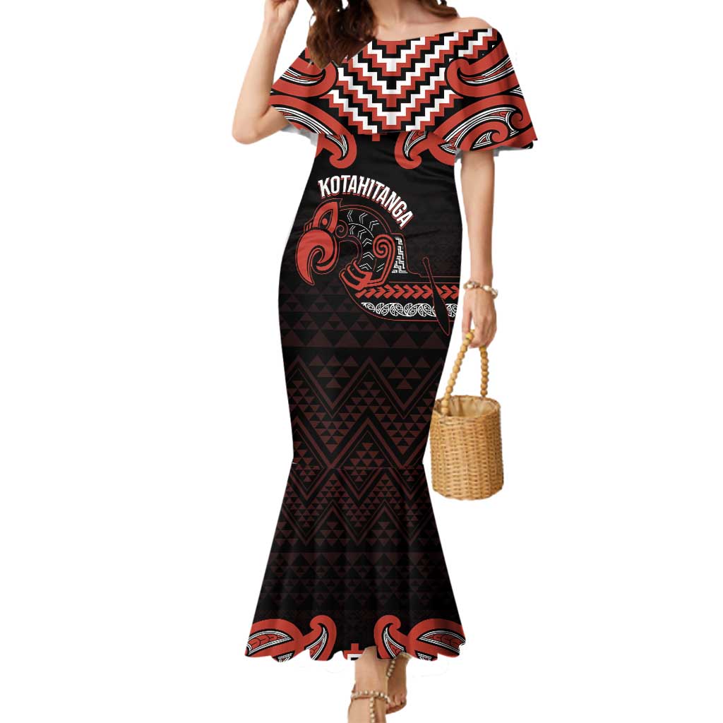Maori Waitangi Mermaid Dress Kotahitanga Poutama Mix Whakairo LT7 Women Black - Polynesian Pride