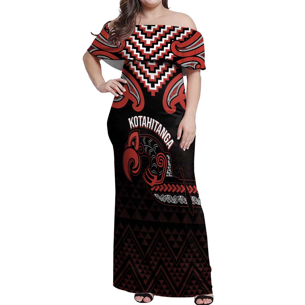 Maori Waitangi Off Shoulder Maxi Dress Kotahitanga Poutama Mix Whakairo LT7 Women Black - Polynesian Pride
