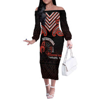 Maori Waitangi Off The Shoulder Long Sleeve Dress Kotahitanga Poutama Mix Whakairo - Polynesian Pride
