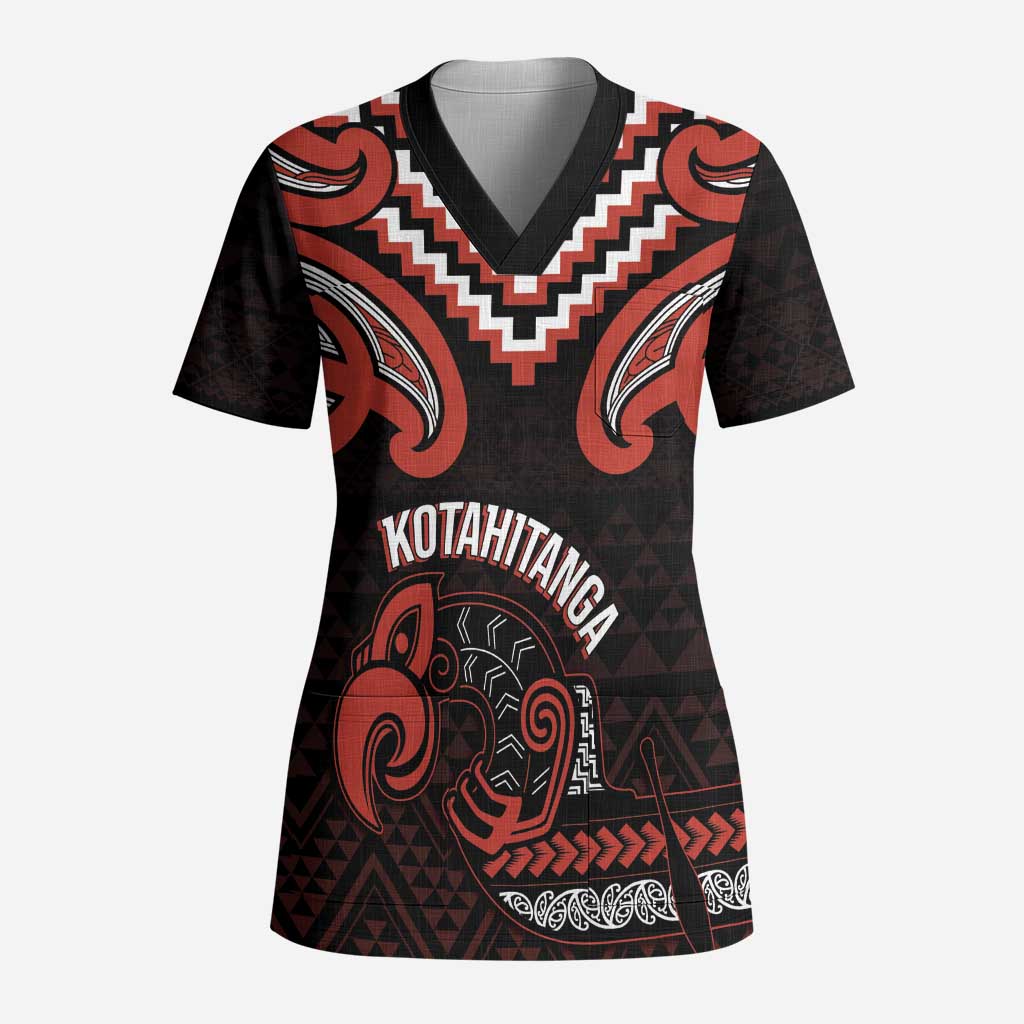 Maori Waitangi Scrub Top Kotahitanga Poutama Mix Whakairo LT7 Adult Black - Polynesian Pride