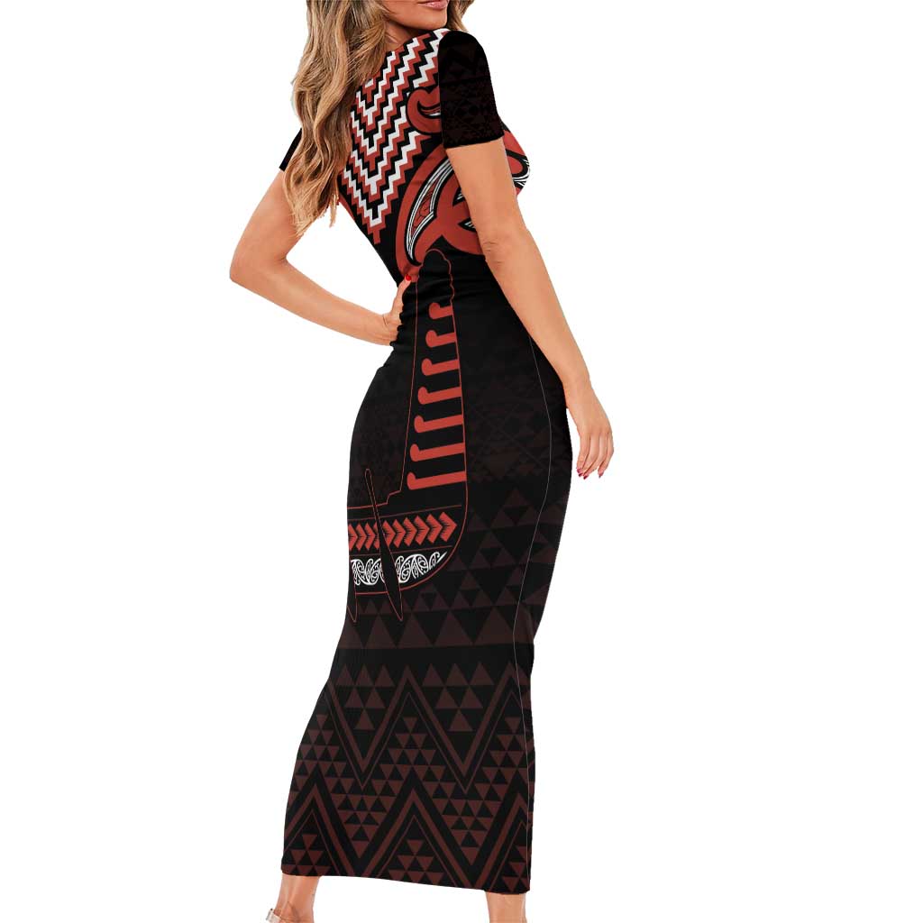 Maori Waitangi Short Sleeve Bodycon Dress Kotahitanga Poutama Mix Whakairo - Polynesian Pride