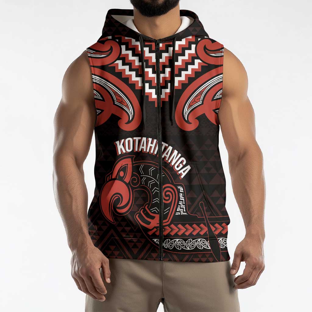 Maori Waitangi Sleeveless Zip Hoodie Kotahitanga Poutama Mix Whakairo - Polynesian Pride