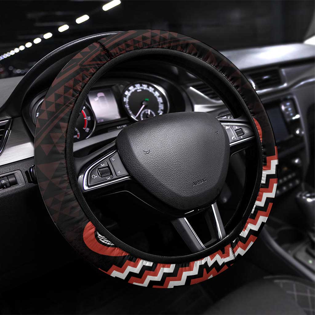 Maori Waitangi Steering Wheel Cover Kotahitanga Poutama Mix Whakairo LT7 Universal Fit Black - Polynesian Pride