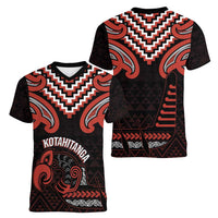 Maori Waitangi Women V-Neck T-Shirt Kotahitanga Poutama Mix Whakairo - Polynesian Pride