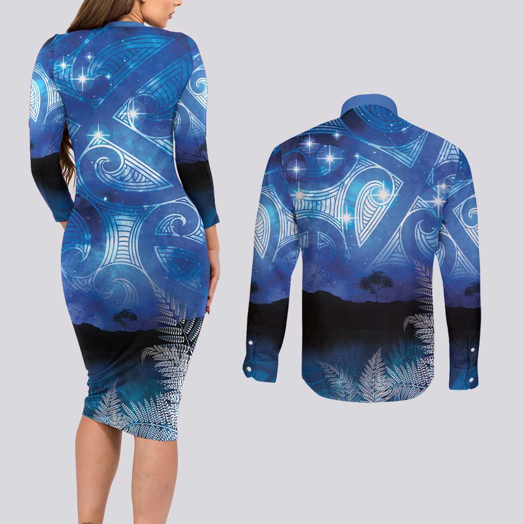 NZ Maori Matariki Scenery Couples Matching Long Sleeve Bodycon Dress and Long Sleeve Button Shirt Galaxy Sky LT7 - Polynesian Pride
