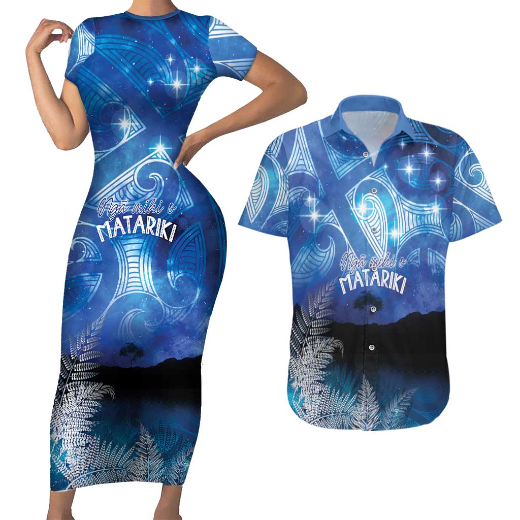 NZ Maori Matariki Scenery Couples Matching Short Sleeve Bodycon Dress and Hawaiian Shirt Galaxy Sky