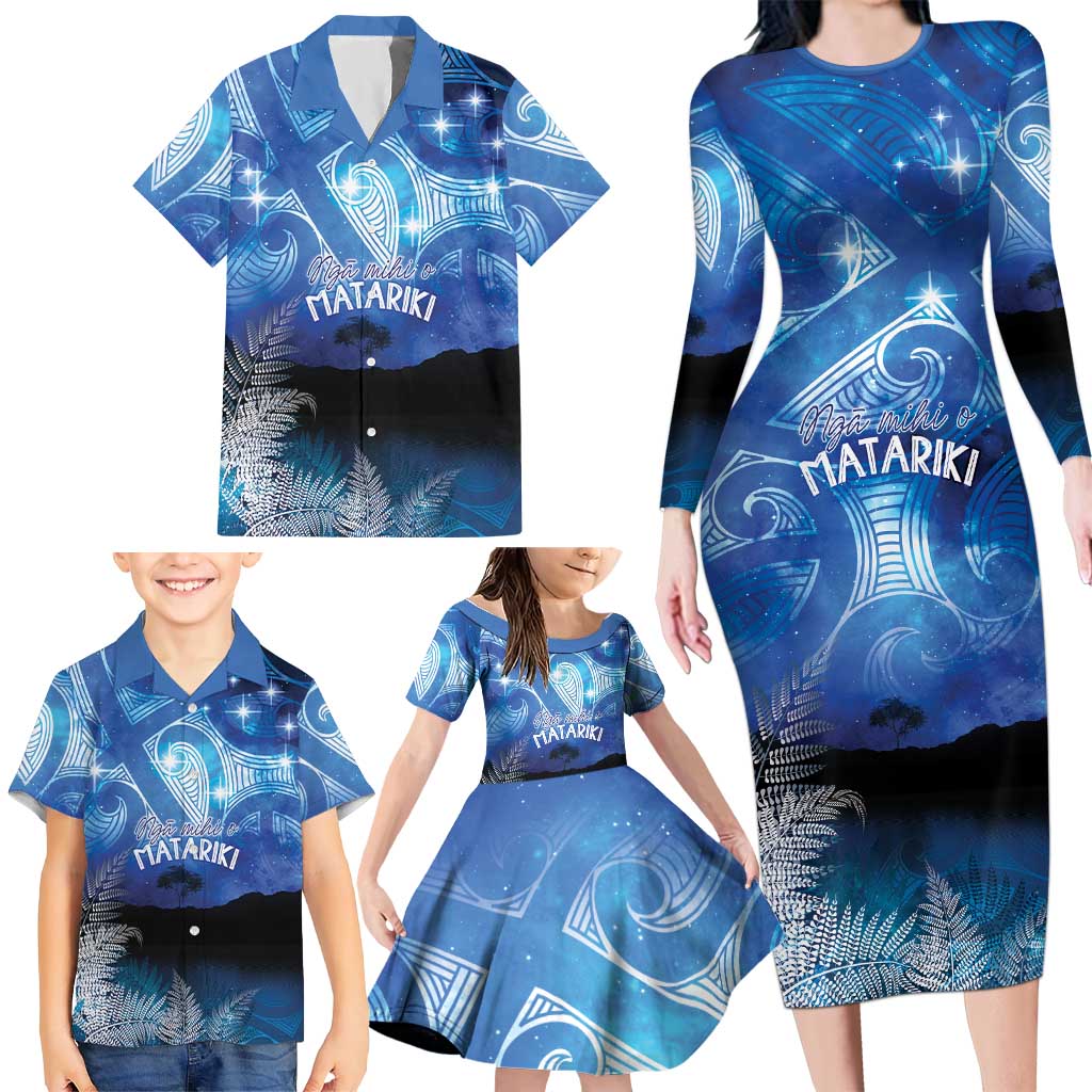 NZ Maori Matariki Scenery Family Matching Long Sleeve Bodycon Dress and Hawaiian Shirt Galaxy Sky LT7 - Polynesian Pride