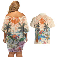 Personalized Christmas In July - Hawaii Retro Couples Matching Off Shoulder Short Dress and Hawaiian Shirt Lost In Parrot-dise