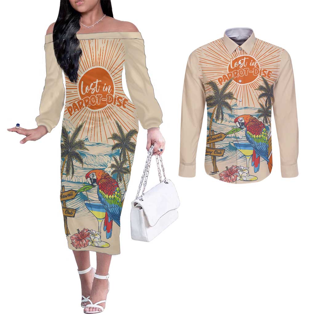 Personalized Christmas In July - Hawaii Retro Couples Matching Off The Shoulder Long Sleeve Dress and Long Sleeve Button Shirt Lost In Parrot-dise