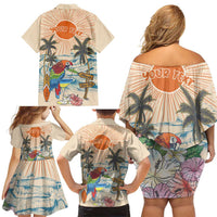 Personalized Christmas In July - Hawaii Retro Family Matching Off Shoulder Short Dress and Hawaiian Shirt Lost In Parrot-dise