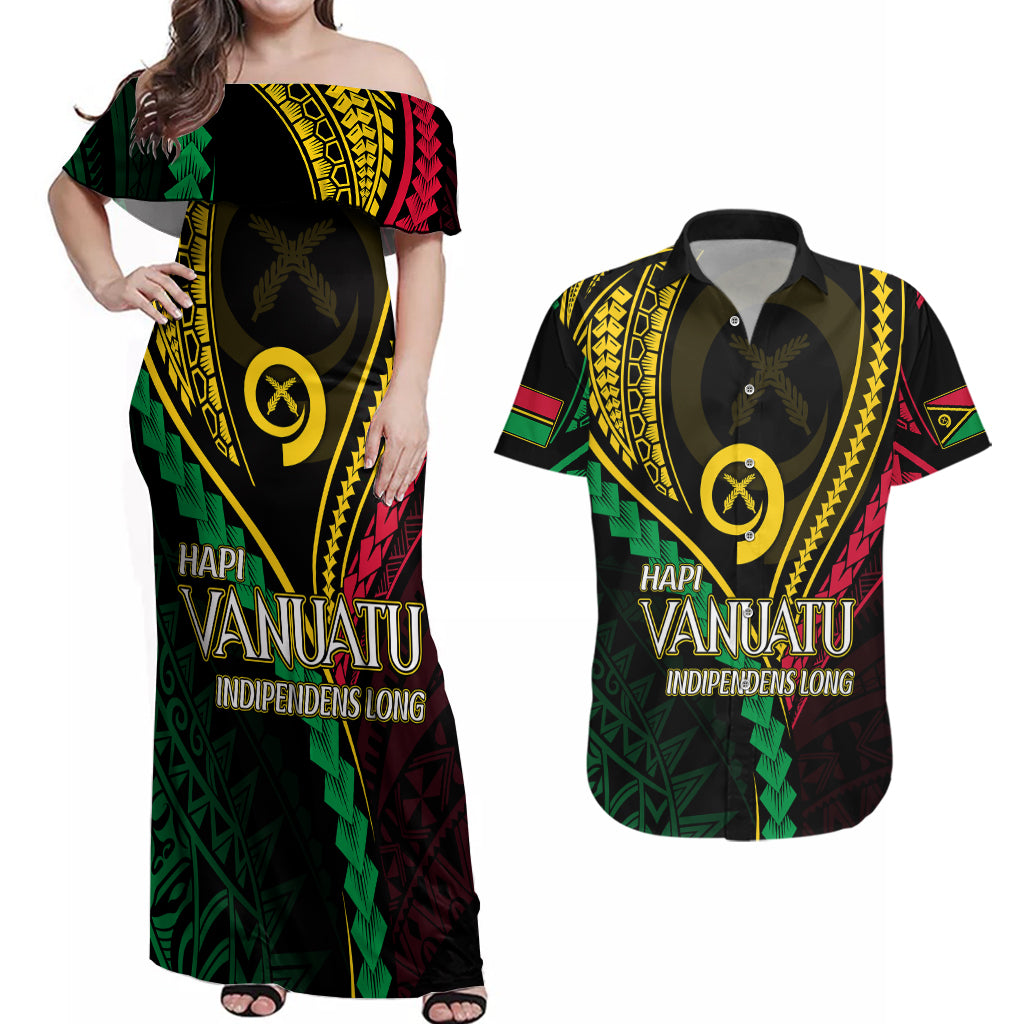 Personalised Vanuatu Couples Matching Off Shoulder Maxi Dress and Hawaiian Shirt 44th Hapi Indipendens Long LT7 Black - Polynesian Pride