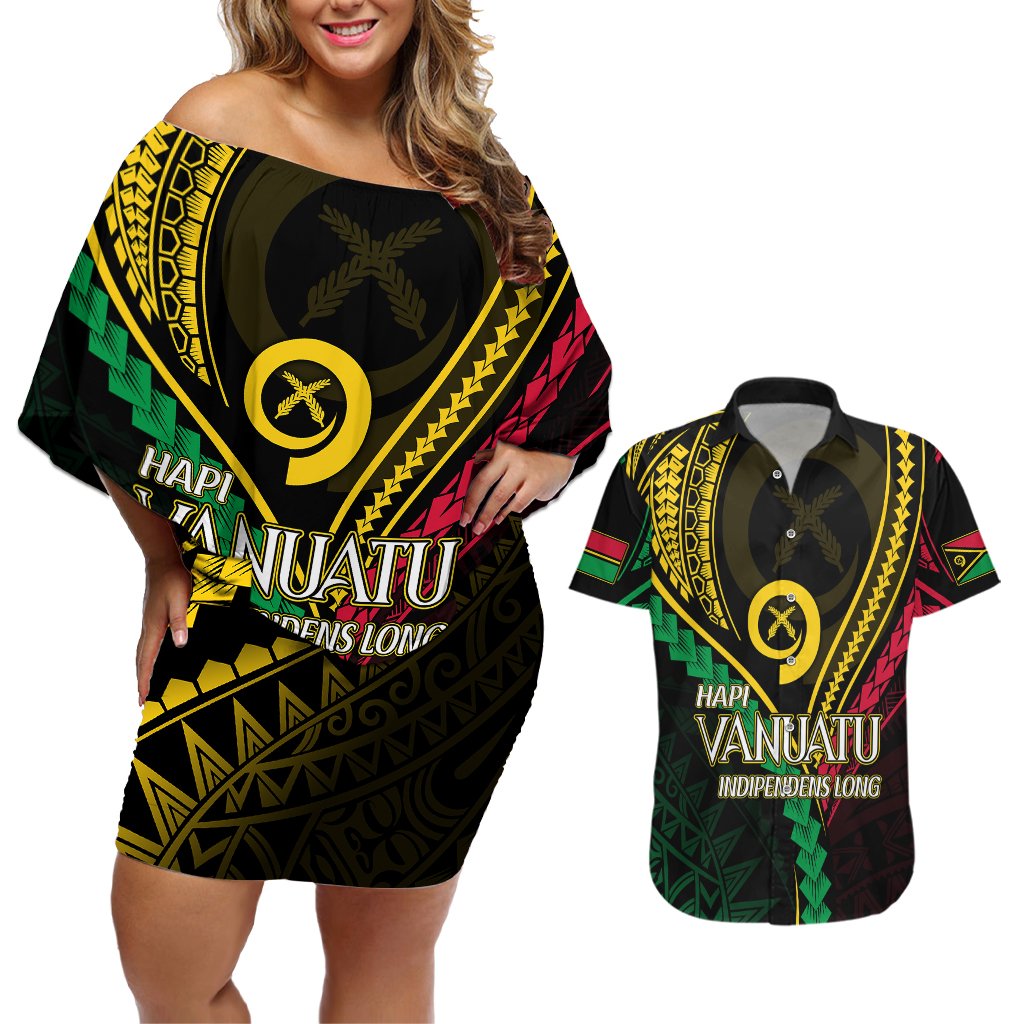 Personalised Vanuatu Couples Matching Off Shoulder Short Dress and Hawaiian Shirt 44th Hapi Indipendens Long LT7 Black - Polynesian Pride
