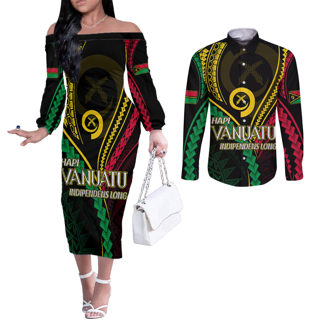 Personalised Vanuatu Couples Matching Off The Shoulder Long Sleeve Dress and Long Sleeve Button Shirts 43rd Hapi Indipendens Long LT7 Black - Polynesian Pride