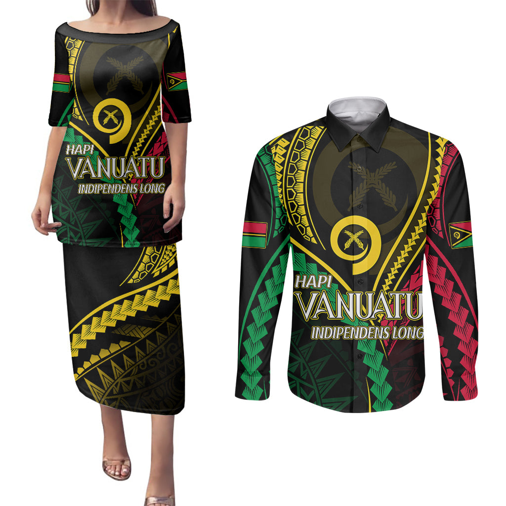 Personalised Vanuatu Couples Matching Puletasi Dress and Long Sleeve Button Shirts 43rd Hapi Indipendens Long LT7 Black - Polynesian Pride