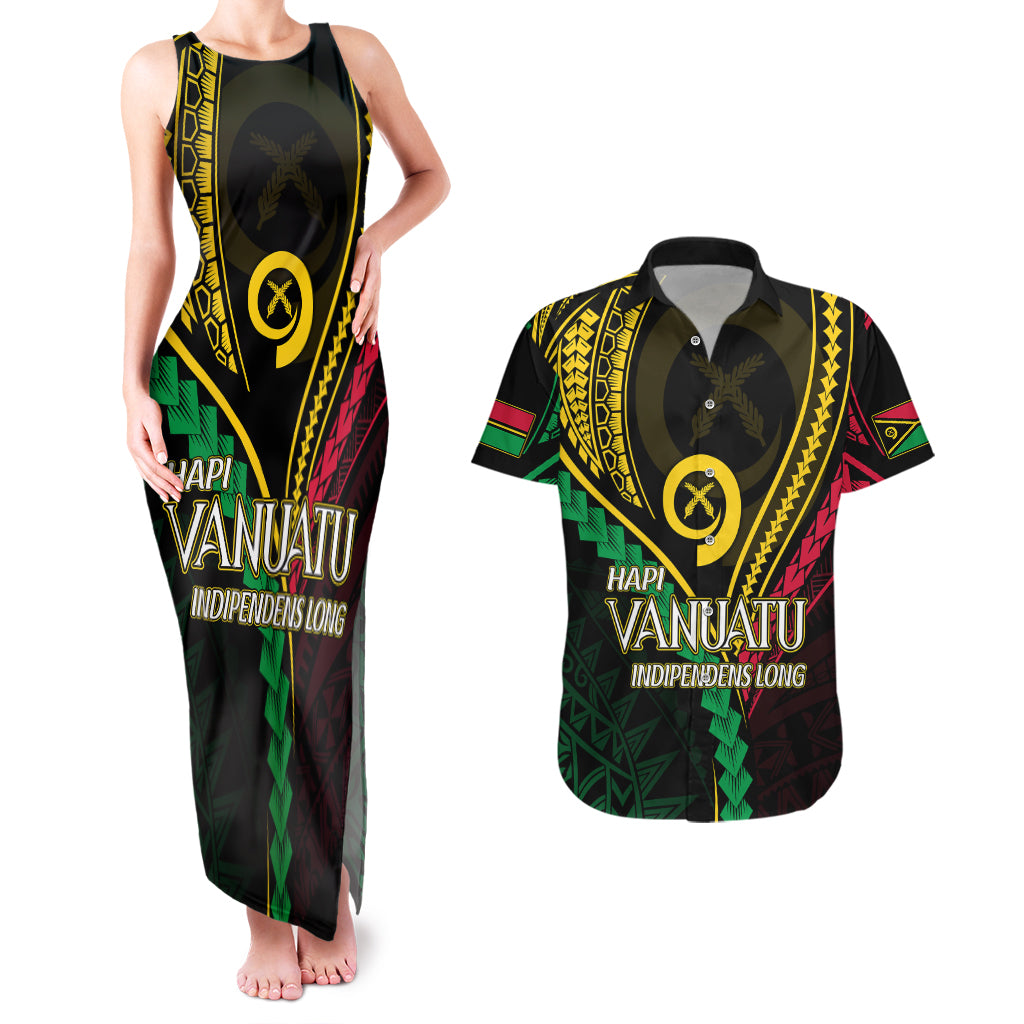 Personalised Vanuatu Couples Matching Tank Maxi Dress And Hawaiian Shirt 44th Hapi Indipendens Long LT7 Black - Polynesian Pride