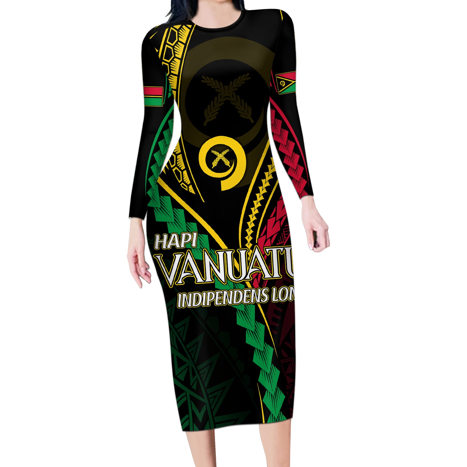 Personalised Vanuatu Long Sleeve Bodycon Dress 44th Hapi Indipendens Long LT7 Long Dress Black - Polynesian Pride