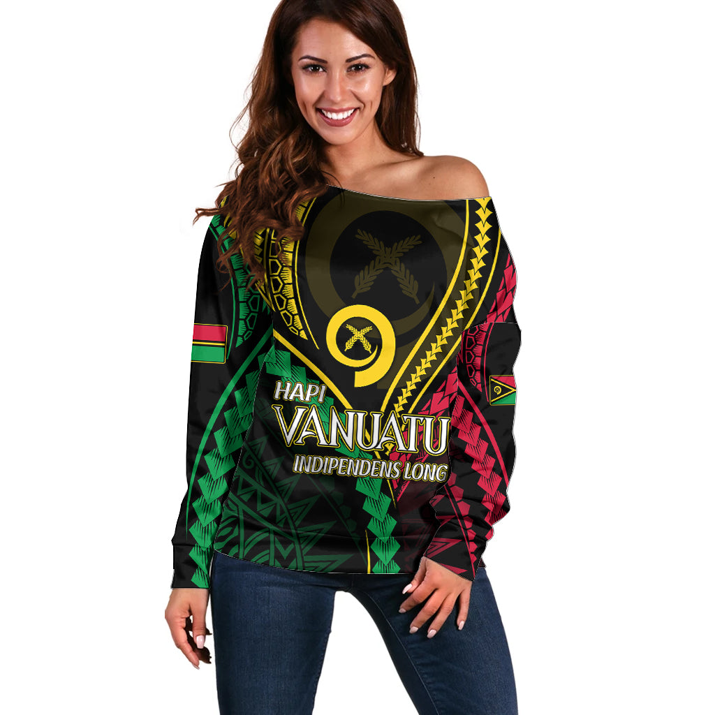 Personalised Vanuatu Off Shoulder Sweater 44th Hapi Indipendens Long LT7 Women Black - Polynesian Pride