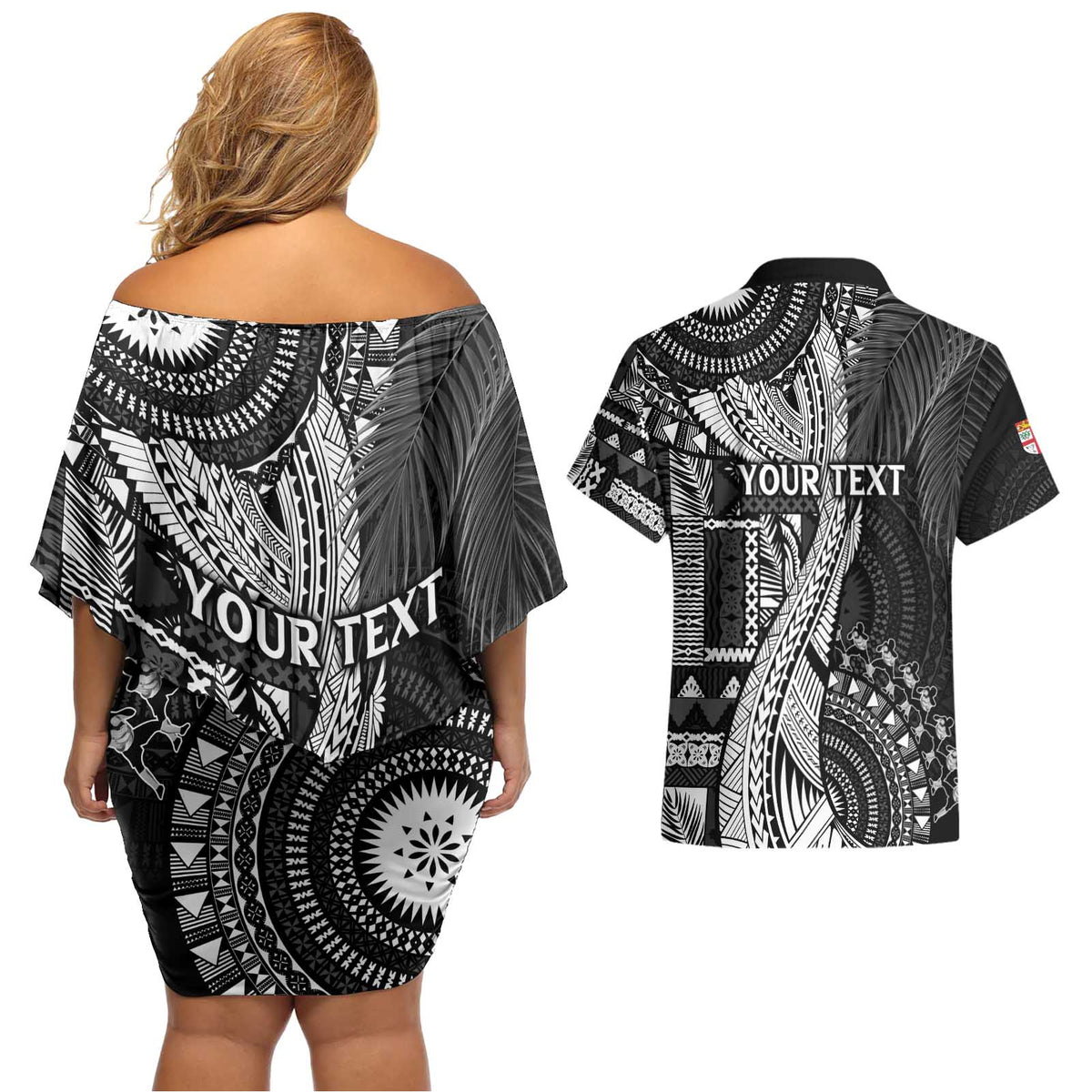 Fiji Rugby Personalised Bula Masi Couples Matching Off Shoulder Short Dress and Hawaiian Shirt Fish Tail Kaivity Cibi - Black