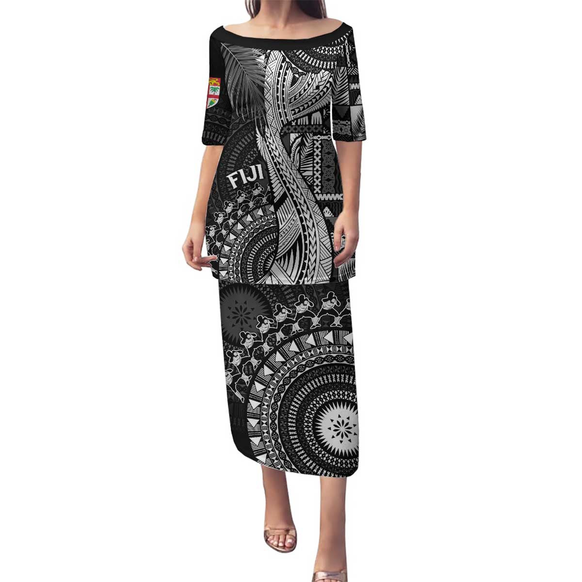 Fiji Rugby Personalised Bula Masi Family Matching Puletasi and Hawaiian Shirt Fish Tail Kaivity Cibi - Black