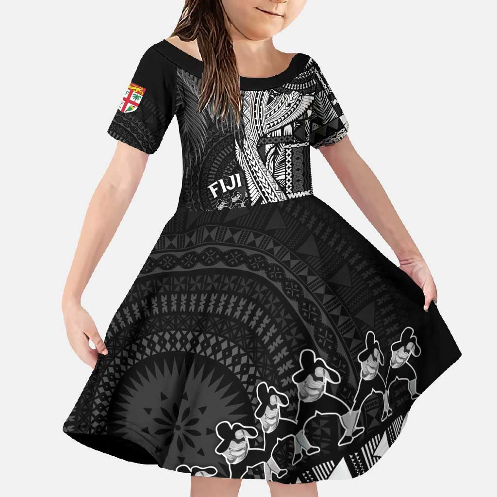 Fiji Rugby Personalised Bula Masi Family Matching Tank Maxi Dress and Hawaiian Shirt Fish Tail Kaivity Cibi - Black LT7 Daughter's Dress Black - Polynesian Pride