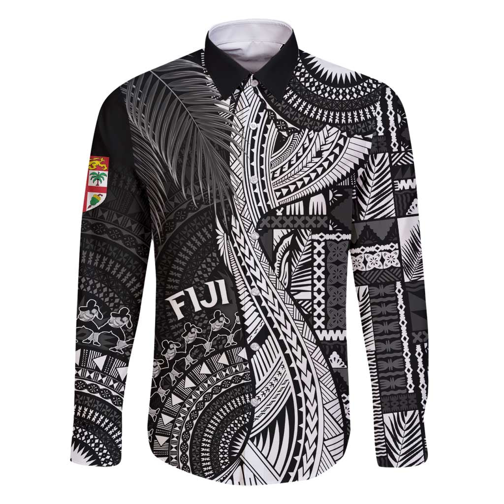 Fiji Rugby Personalised Bula Masi Family Matching Tank Maxi Dress and Hawaiian Shirt Fish Tail Kaivity Cibi - Black LT7 Dad's Shirt - Long Sleeve Black - Polynesian Pride
