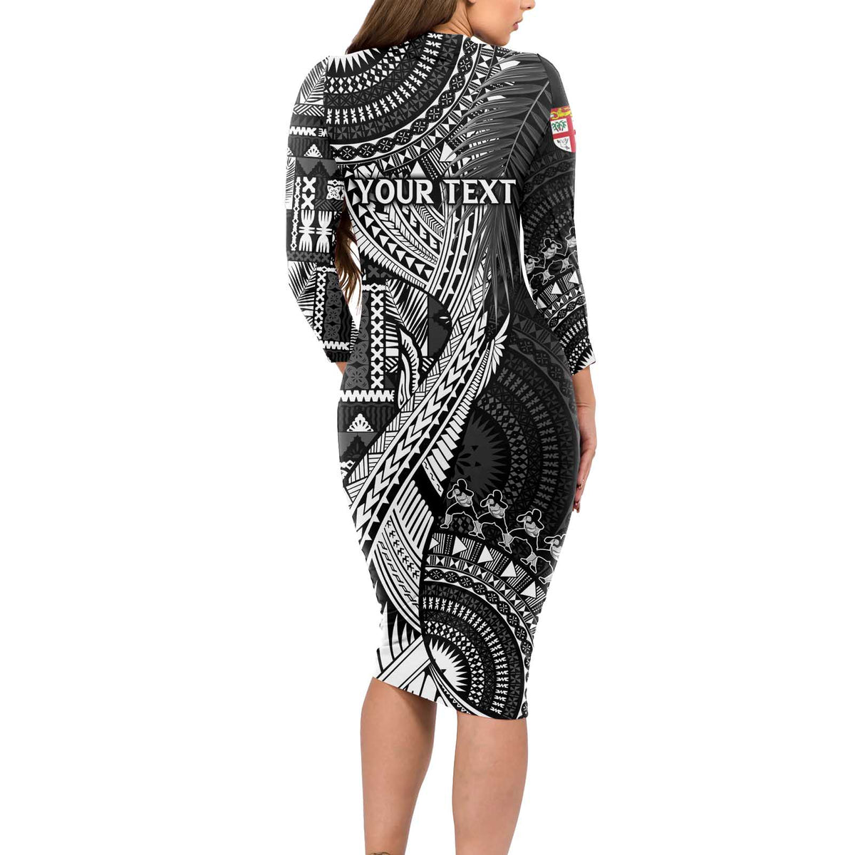 Fiji Rugby Personalised Bula Masi Long Sleeve Bodycon Dress Fish Tail Kaivity Cibi - Black